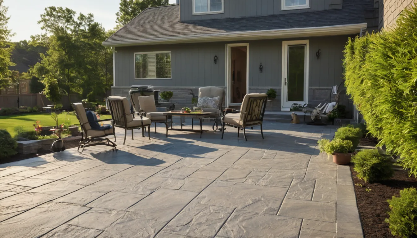 Stamped concrete patio with a slate pattern behind a home in Mundelein